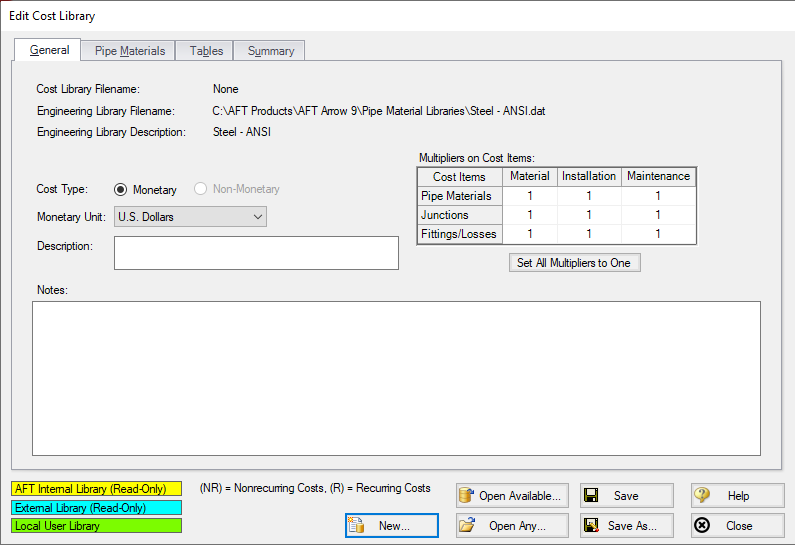 The Cost Database window after selecting New Database.